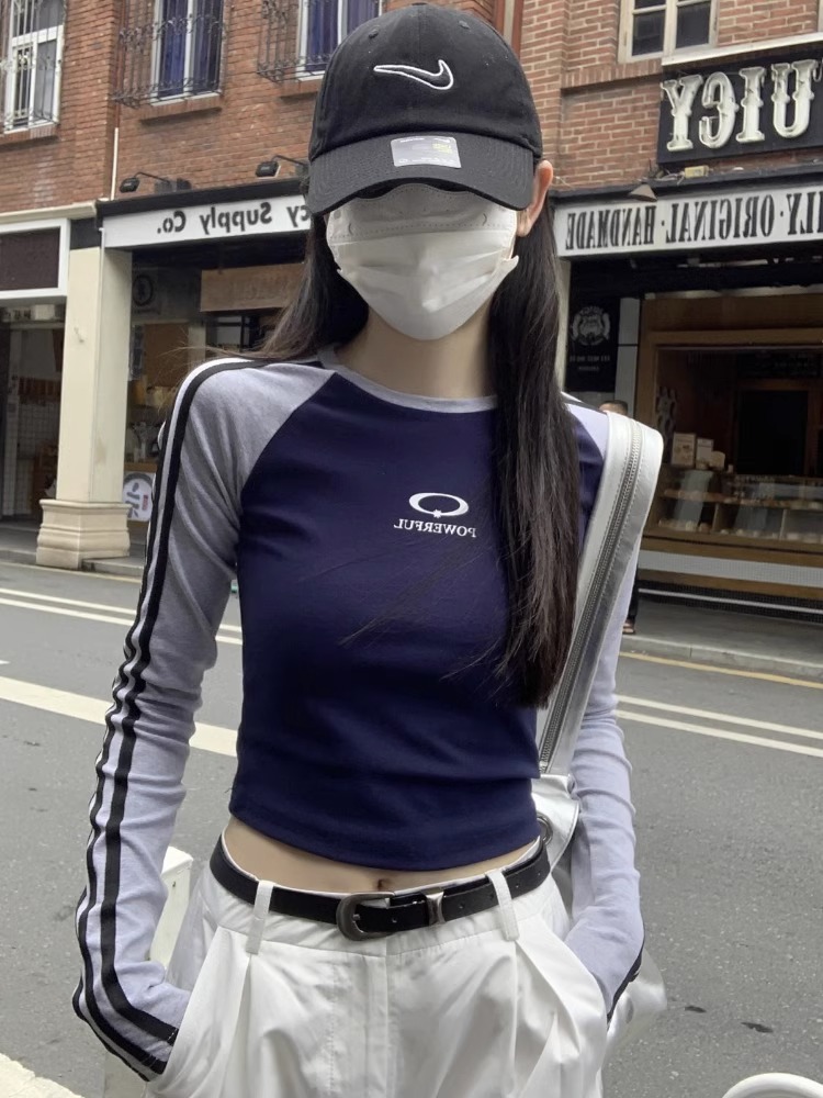 美式復古正肩插肩袖女t恤長袖春季小眾設計感內搭打底衫短款上衣