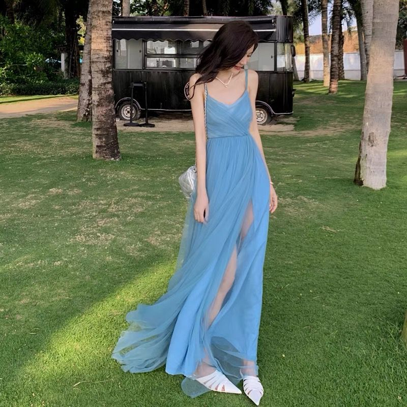 法式甜美氣質高級性感藍色吊帶連衣裙女夏仙氣海邊度假風沙灘長裙