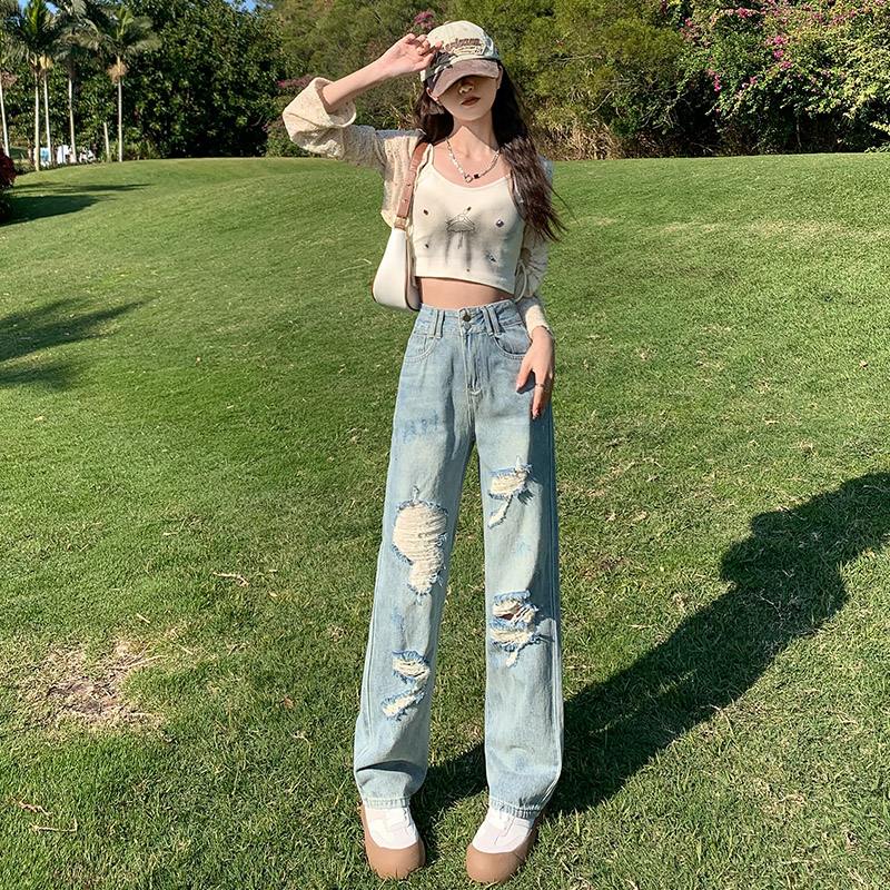 實拍2024春夏時尚潮流破洞高腰闊腿直筒美式復古牛仔褲女