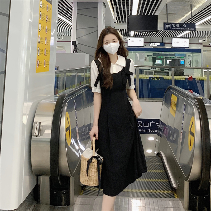 2024春夏氣質顯瘦背帶長裙子法式溫柔風拼接假兩件蝴蝶結連衣裙女