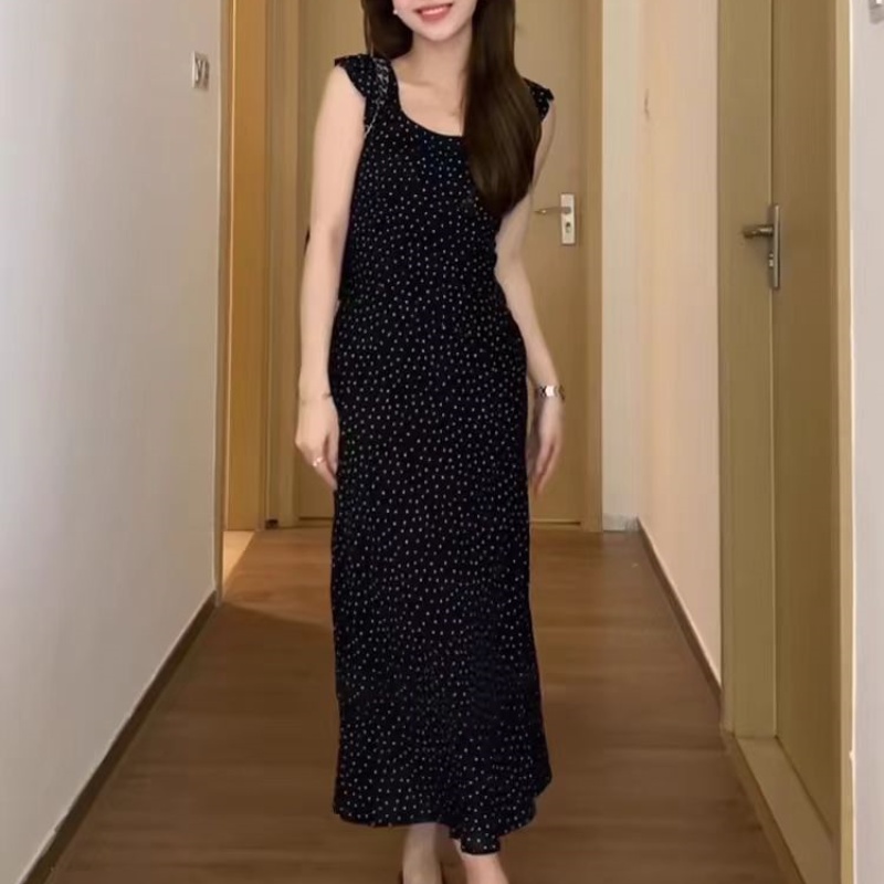 茶歇法式氣質黑色波點碎花無袖連衣裙子女春秋2024早春裝新款長裙