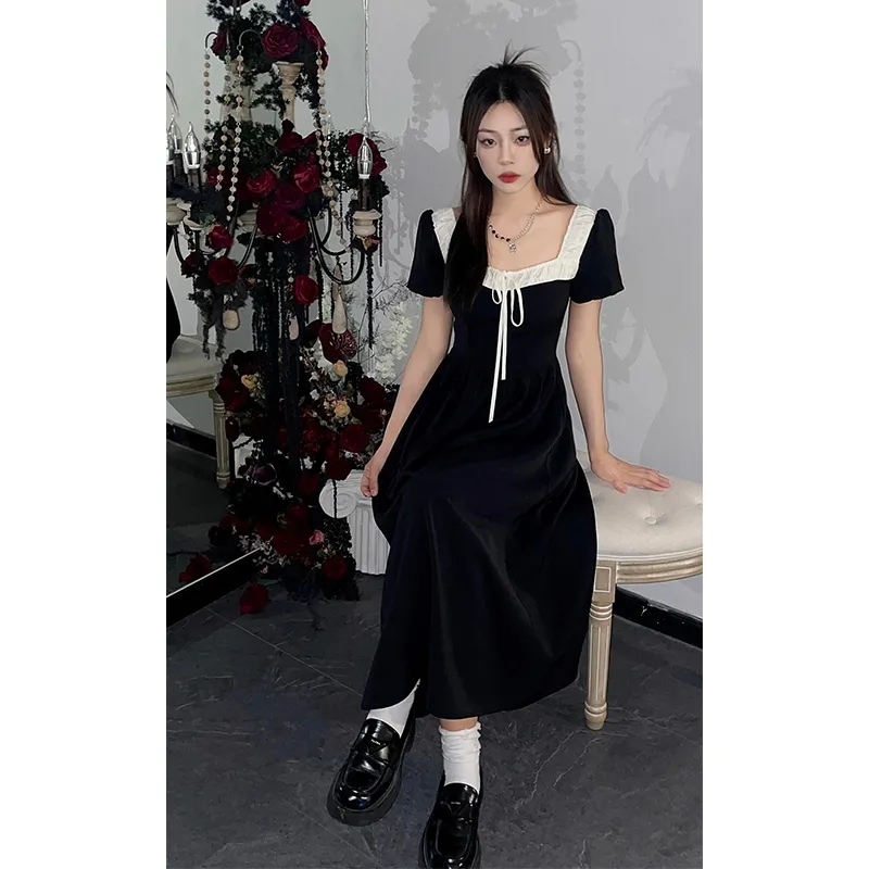 2024 Hepburn style little black dress lady style square neck slim waist a line dress Korean style long simple summer