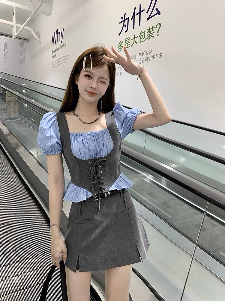 法式假兩件短袖襯衫女夏季修身泡泡袖方領綁帶設計感西裝短裙套裝
