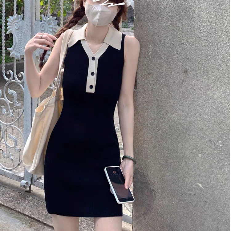高級感Polo領針織連衣裙女夏季小個子修身收腰撞色顯瘦甜辣包臀裙