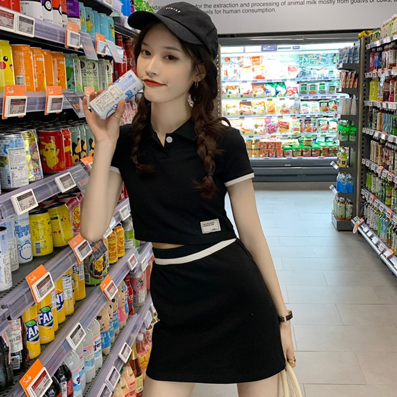 2024年夏季新款顯瘦polo領短款上衣高腰包臀半身裙撞色兩件套裝女
