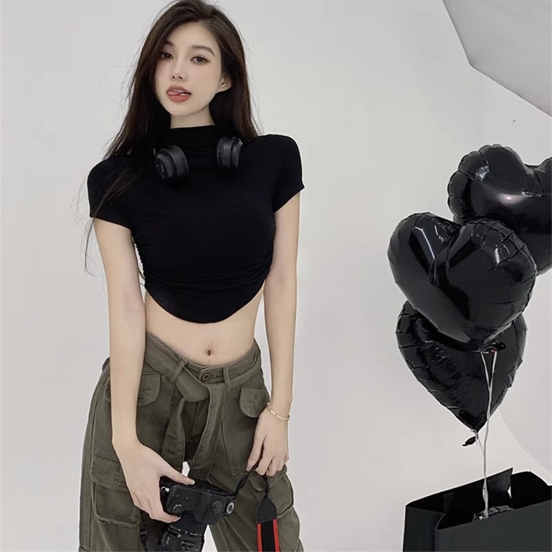 -92棉/8氨綸40支210g純棉 半高領修身短袖T恤女