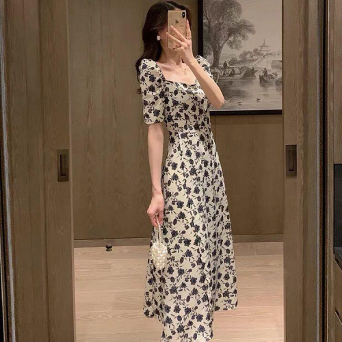 Rose floral dress 2024 spring and summer new Korean style small French tea break waist slimming one-line collar