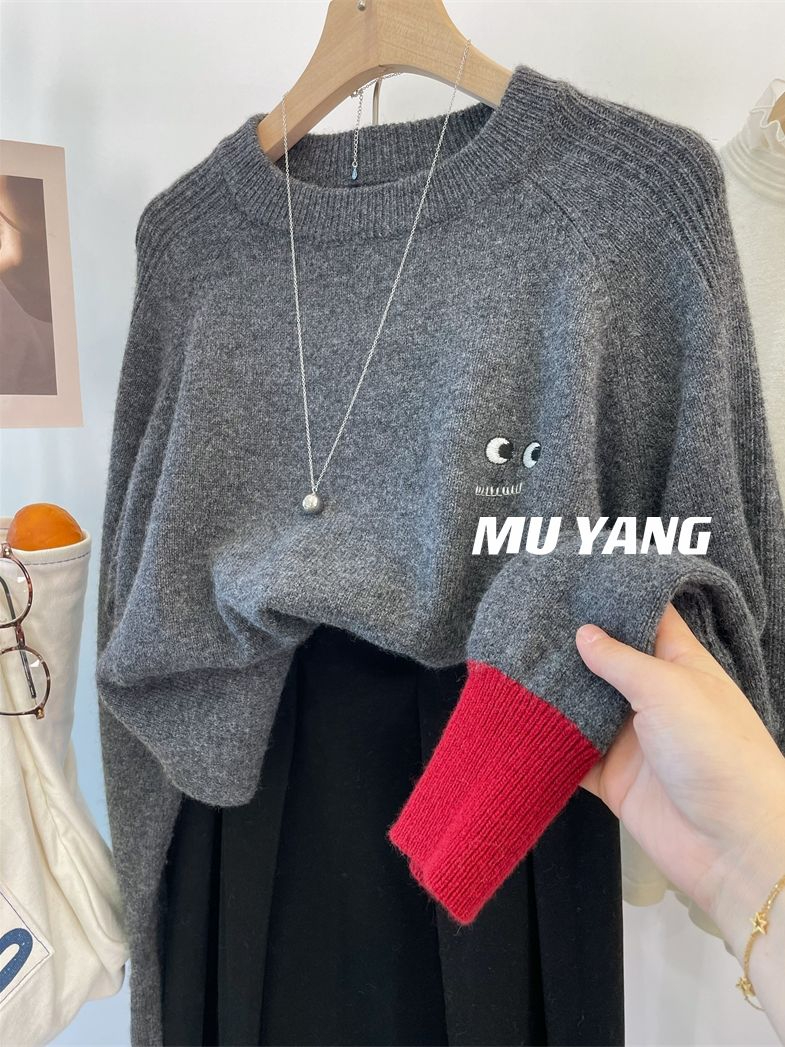 奧特萊斯~外貿尾單靈動小眼睛~軟糯舒適毛衣女撞色袖慵懶針織上衣