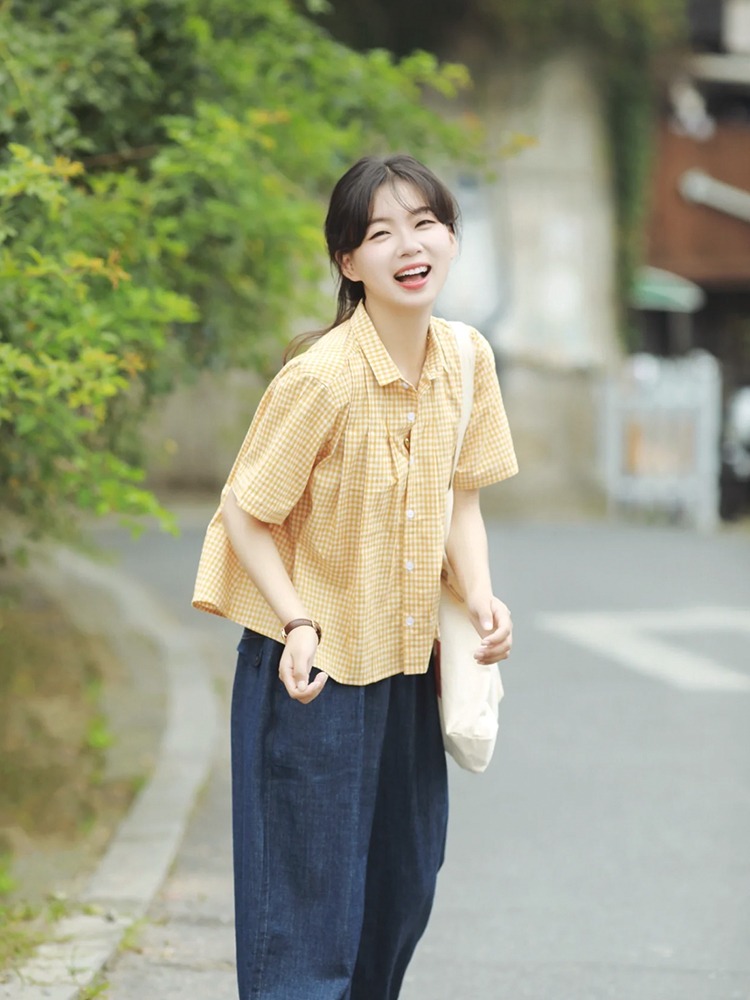 日系黃色格子純棉短袖襯衫女夏季設計感小眾短款娃娃衫別致上衣