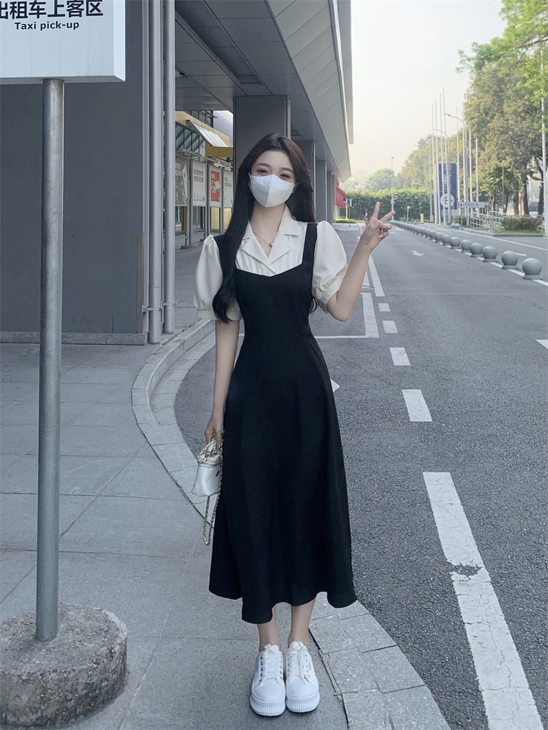新款撞色拼接假兩件收腰系帶A字連衣裙