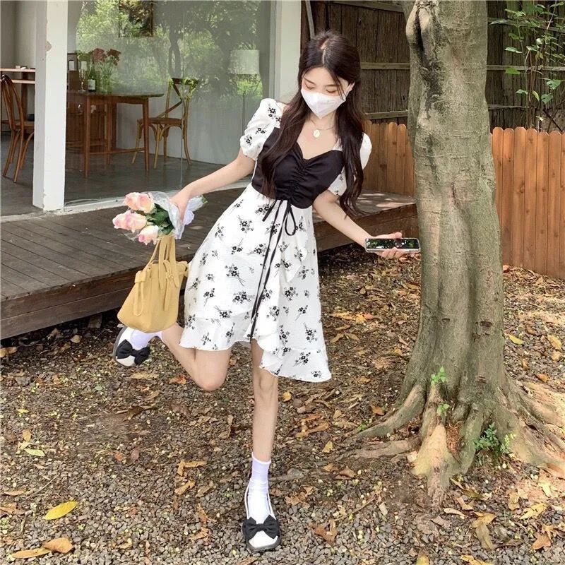 假兩件碎花連衣裙女夏季新款法式小眾溫柔風氣質短裙收腰顯瘦裙子