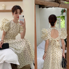 Real shot #puff sleeves, hollow back, polka dots, waist slimming dress