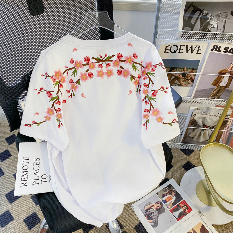 首發實拍200克純棉後包領特大碼300斤重工刺繡小眾正肩短袖t恤女