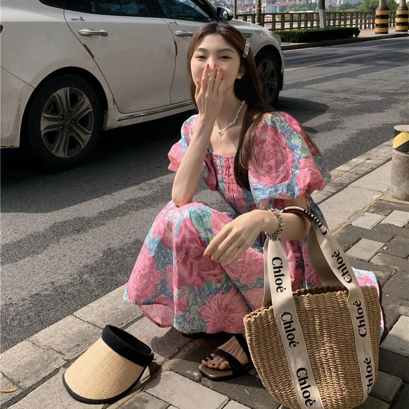 韓國夏季新款大玫瑰風名媛一字領泡泡短袖鬆緊腰碎花顯瘦連衣裙