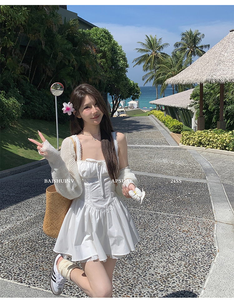 白水女春日小白裙白色吊帶連衣裙2024新款女春秋收腰顯瘦短裙