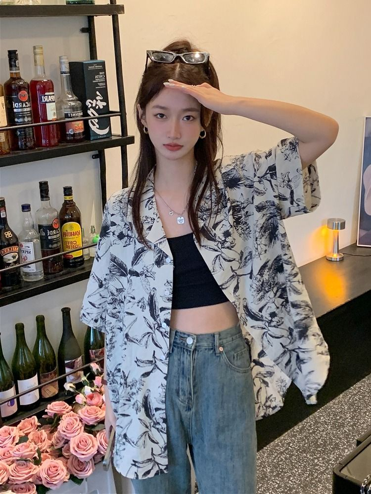Japanese ink print shirt women's summer retro loose short-sleeved shirt design niche casual top thin section