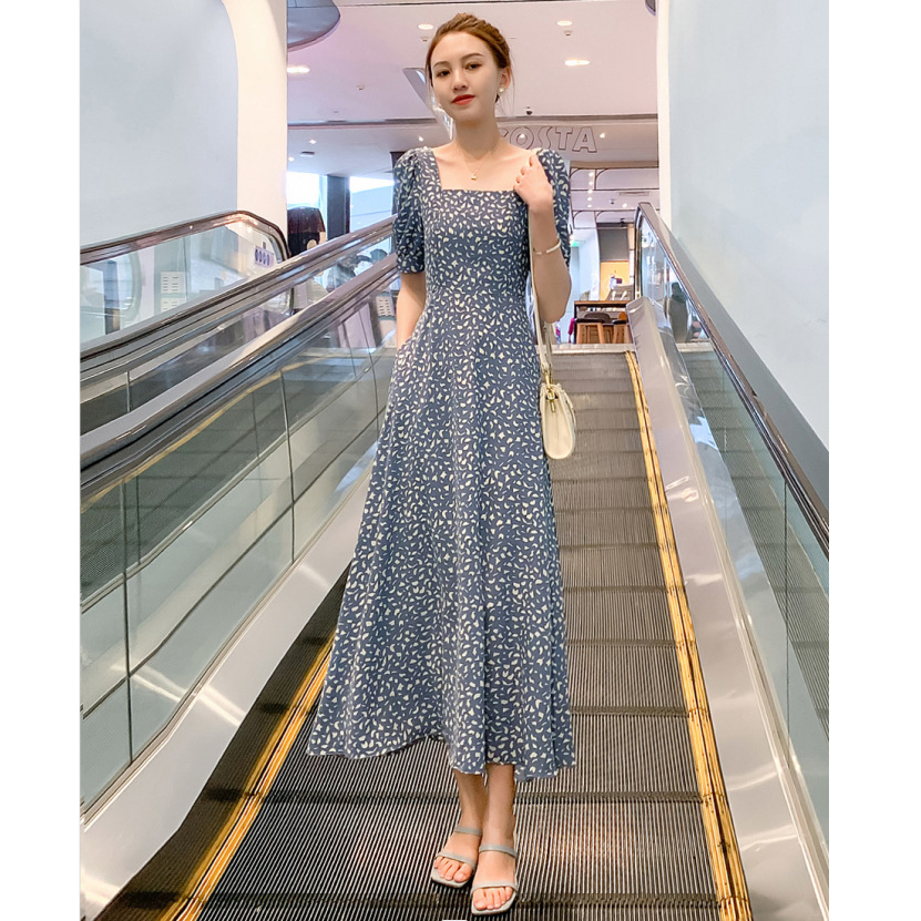 Korean style puff sleeves, floral square collar, slim and fashionable, fresh chiffon short-sleeved mid-length dress, new summer style