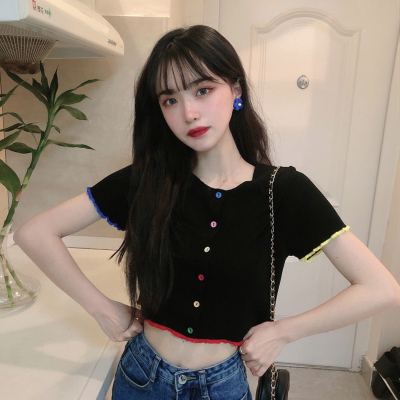 春裝韓版2024新款泫雅風設計感修身顯瘦很仙的短款短袖針織衫女裝