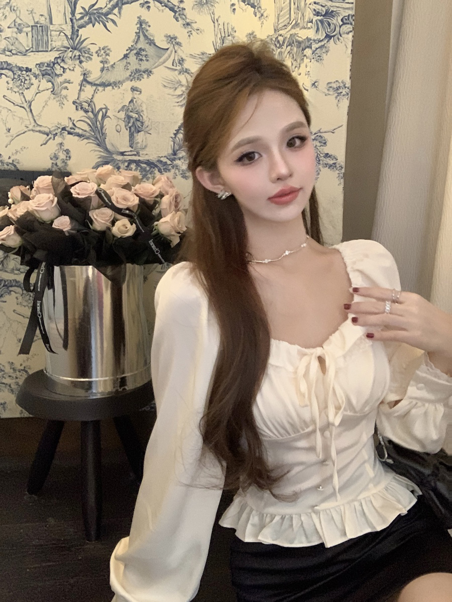 實拍 方領泡泡袖木耳邊系帶收腰短款襯衫女春季韓系甜美溫柔上衣