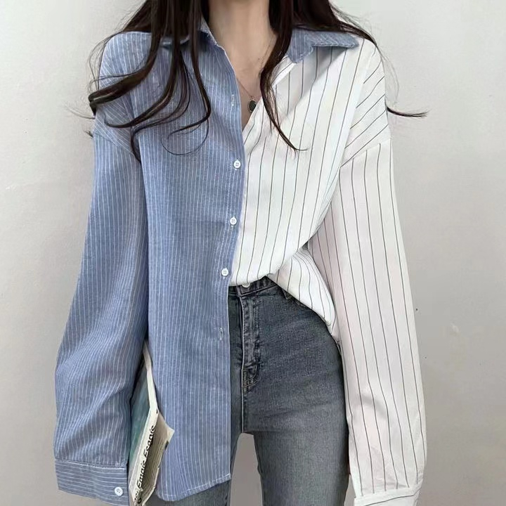 襯衣官方春季減齡復古小眾設計感撞色條紋襯衣女休閒上衣