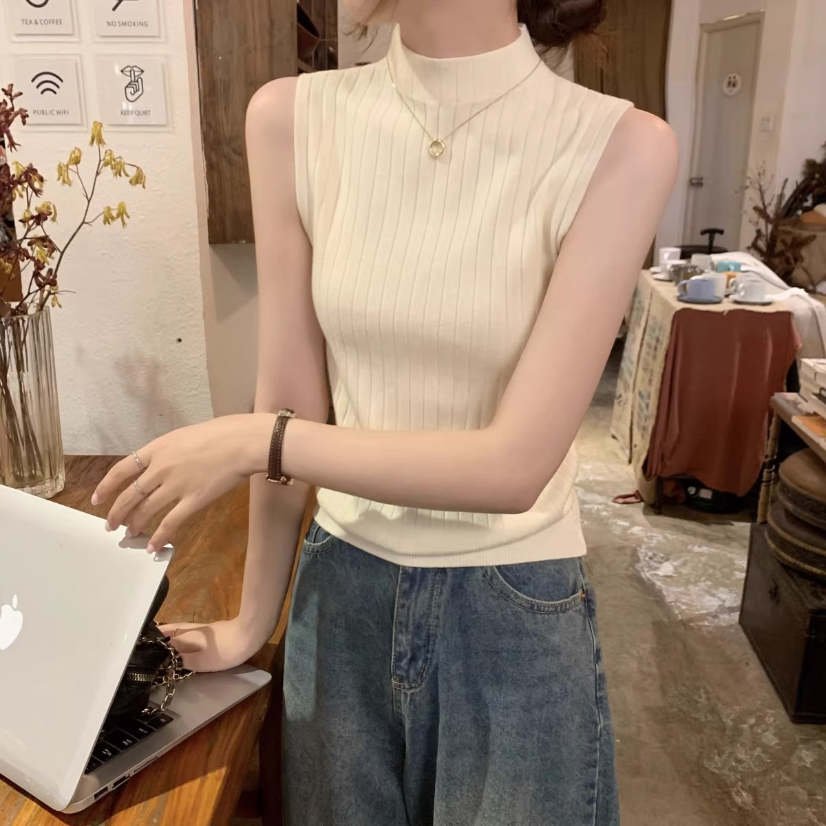 2024夏季韓版修身氣質半高領安迪絨針織內搭通勤風無袖背心女上衣