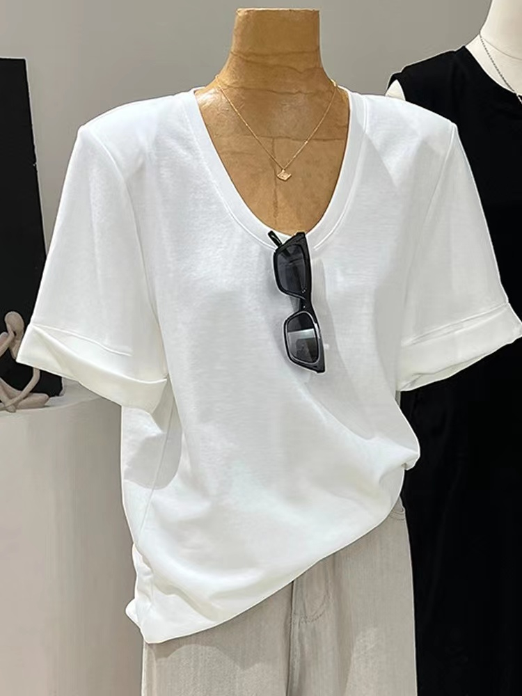 Official picture of 21 pieces of 200g pure cotton curled U-neck shoulder pad short-sleeved T-shirt for women