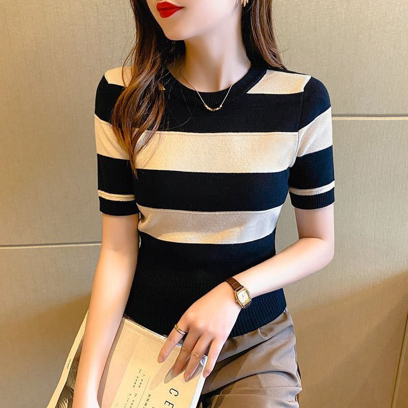 2024年夏季上衣新款韓版短袖針織衫女內搭修身條紋t恤短款打底衫