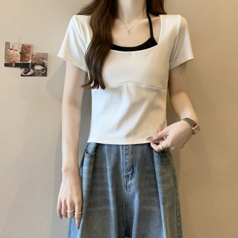 實拍  40支純棉 2024夏裝不規則純棉正肩短袖t恤女吊帶