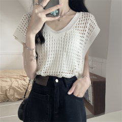 Hollow thin knitted sun protection blouse for women summer loose v-neck pullover with small shawl and suspender skirt top