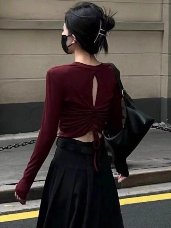 早春長袖t恤秋裝女2024年新款辣妹露背短款上衣內搭打底衫女春秋