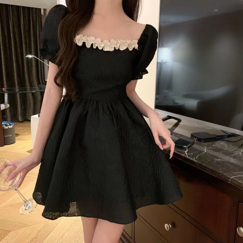 Vacation photoshoot French backless bow skirt square neck puff sleeve dress waist small puff skirt