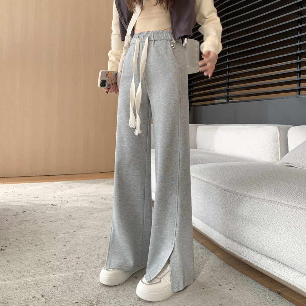 實拍香蕉運動褲女2024春秋新款美式直筒褲開叉小個子闊腿寬鬆衛褲