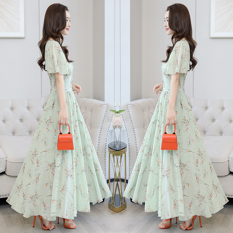 Fashion new chiffon dress female British style goddess style high waist British style foreign style summer slimming long swing
