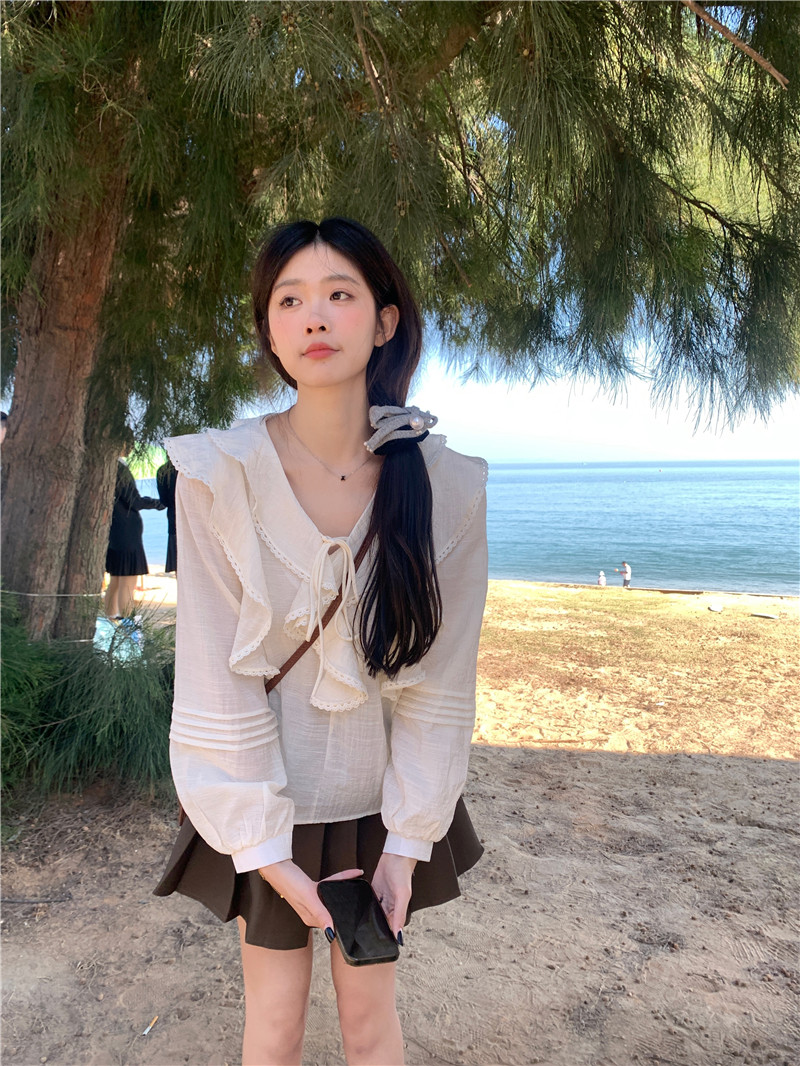 實拍~法式V領系帶長袖襯衫女設計感小眾氣質荷葉邊寬鬆上衣