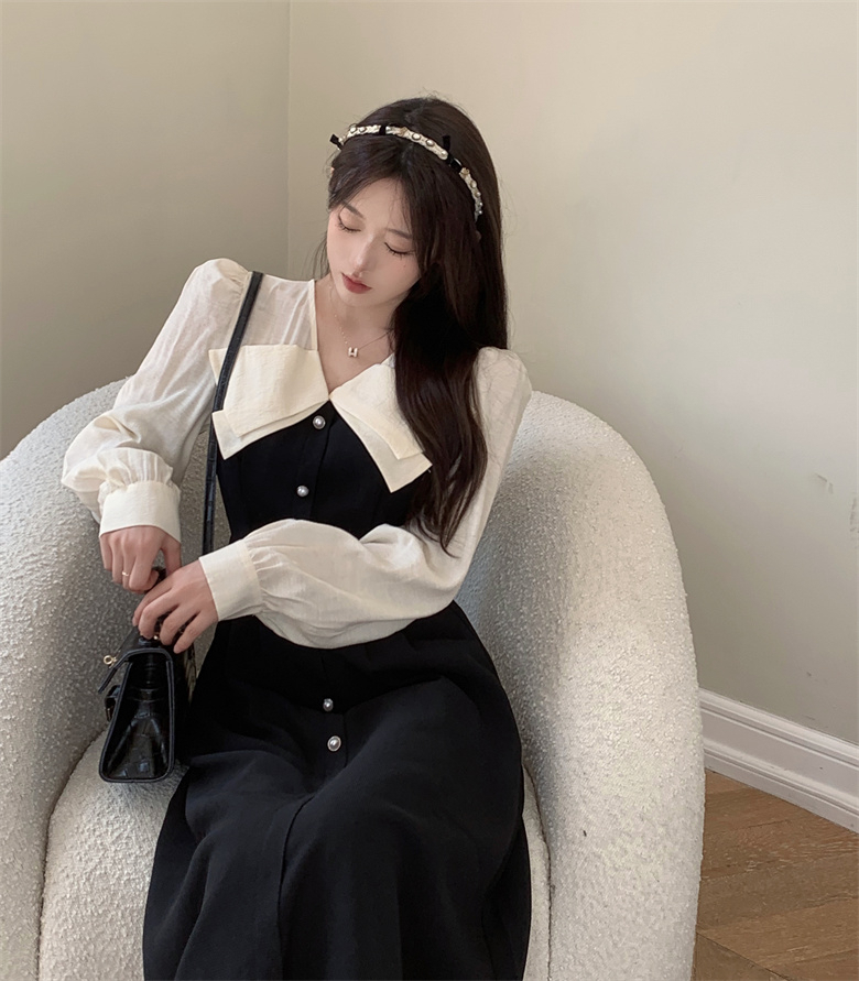 胖妹妹顯瘦遮肚藏肉連衣裙2024春季設計感氣質v領撞色小黑裙子女