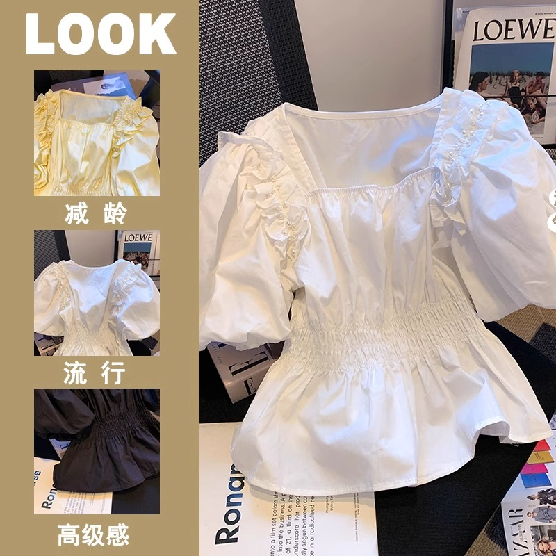 原版做工法式小眾方領泡泡袖2024夏款別致木耳邊收腰顯瘦襯衫
