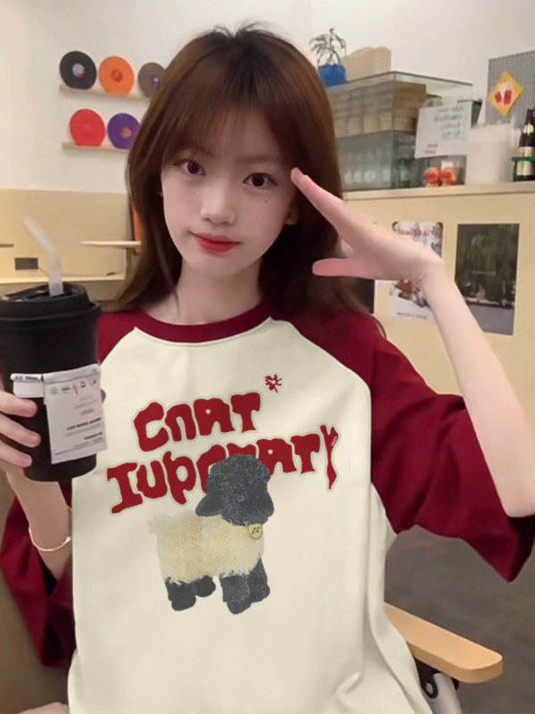 紅杏色插肩t恤女2024新款早春季拼色設計感小眾洋氣獨特别致上衣