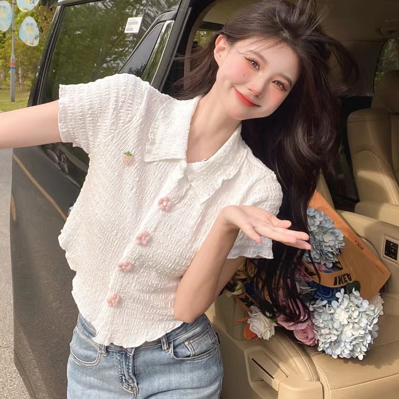 娃娃領短袖襯衫女夏季新款不規則甜酷辣妹木耳邊短款上衣