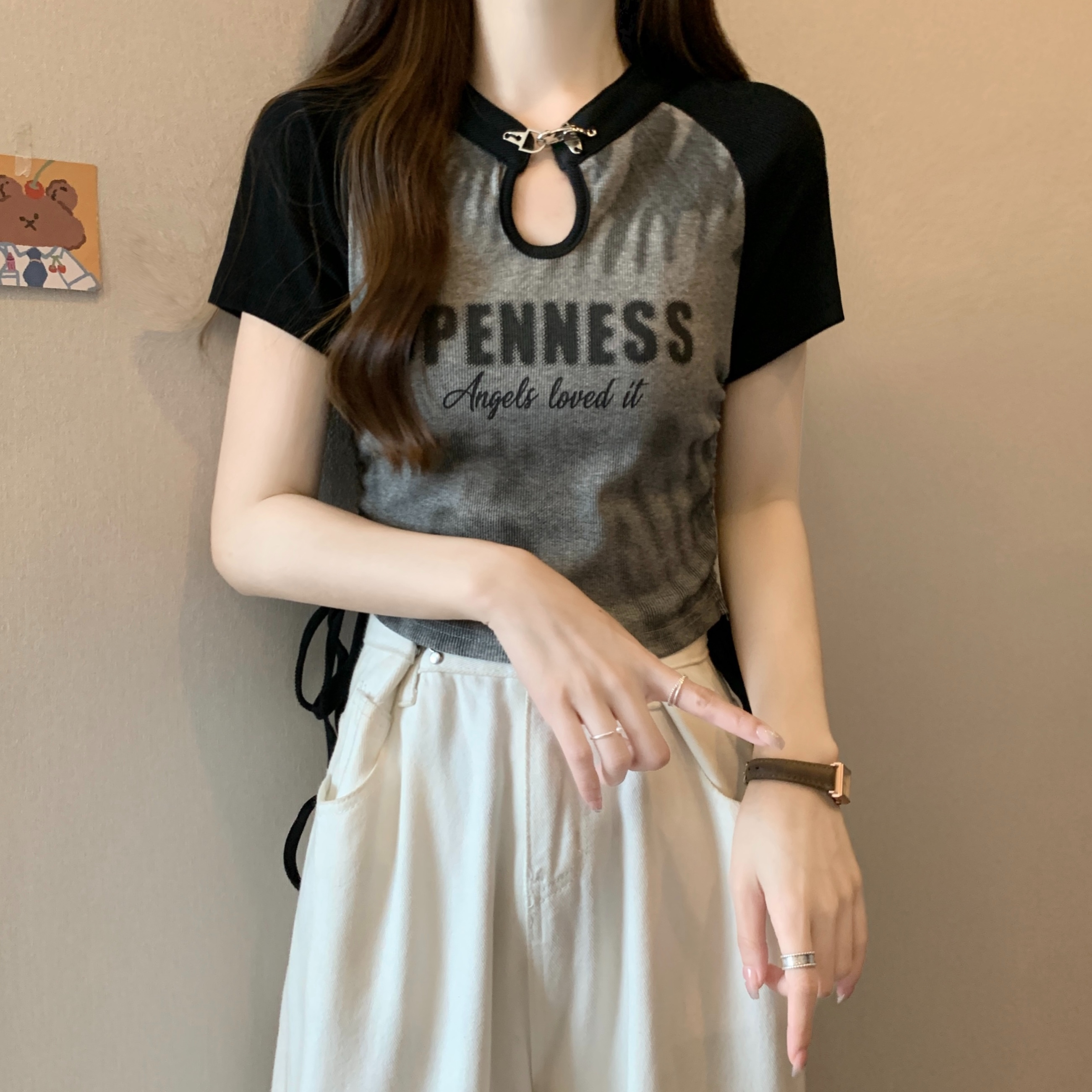 螺紋 大碼胖MM美式復古短袖t恤女小眾設計感印花綁帶短款辣妹上衣