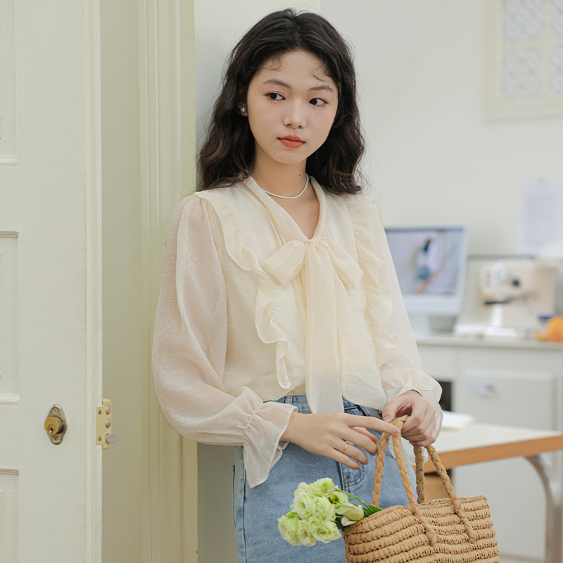 實拍超仙蝴蝶結襯衫女春季新款法式甜美荷葉邊襯衣顯瘦甜颯風上衣