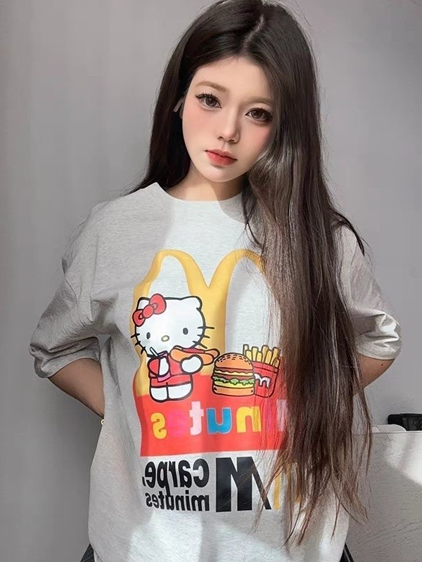 SIXMINU小蚊子潮牌美式卡通m記kt貓T恤情侶休閒短袖夏季女士短袖t