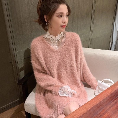 兩件套秋季新款絨毛寬鬆毛衣+蕾絲打底衫兩件套女神chi名媛范套裝