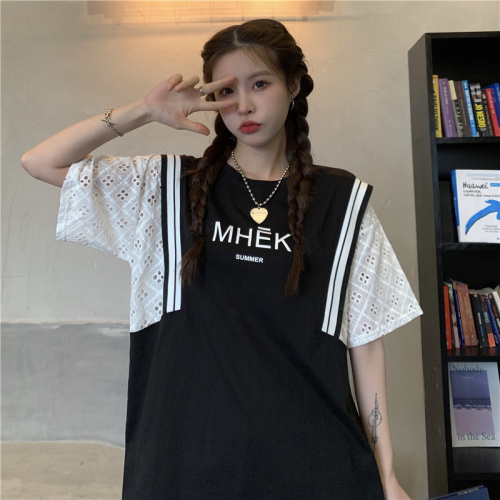 夏季新款韩版宽松字母印花镂空篮球服中长款短袖假两件女拼接字母