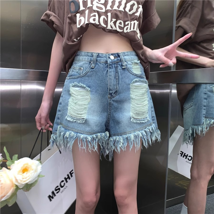 復古破洞牛仔短褲女夏季新款小個子高腰寬鬆顯瘦毛邊設計a字熱褲