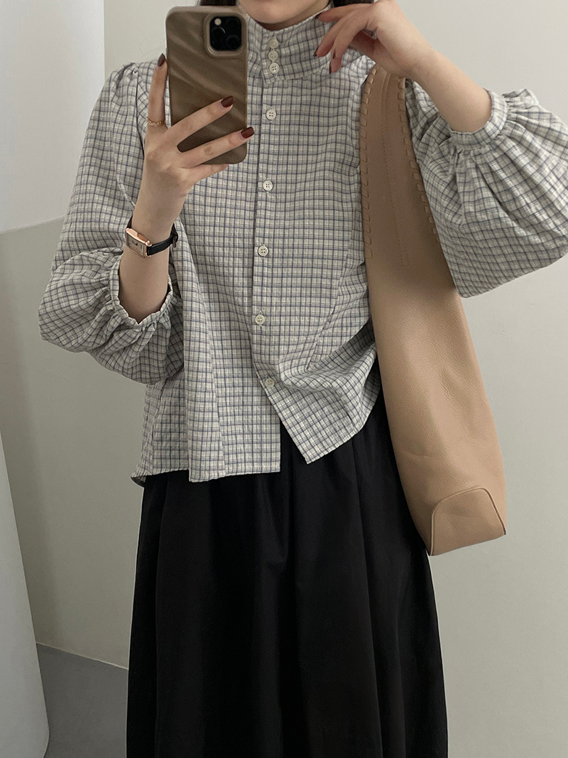 實拍~早春復古法式格子立領襯衫女小眾設計感燈籠袖寬鬆襯衣