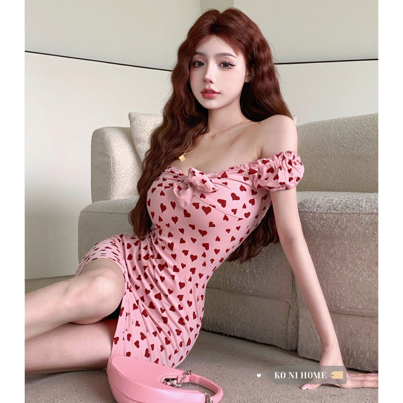連衣裙女夏季新款純欲性感愛心印花設計感綁帶甜美辣妹修身包臀裙