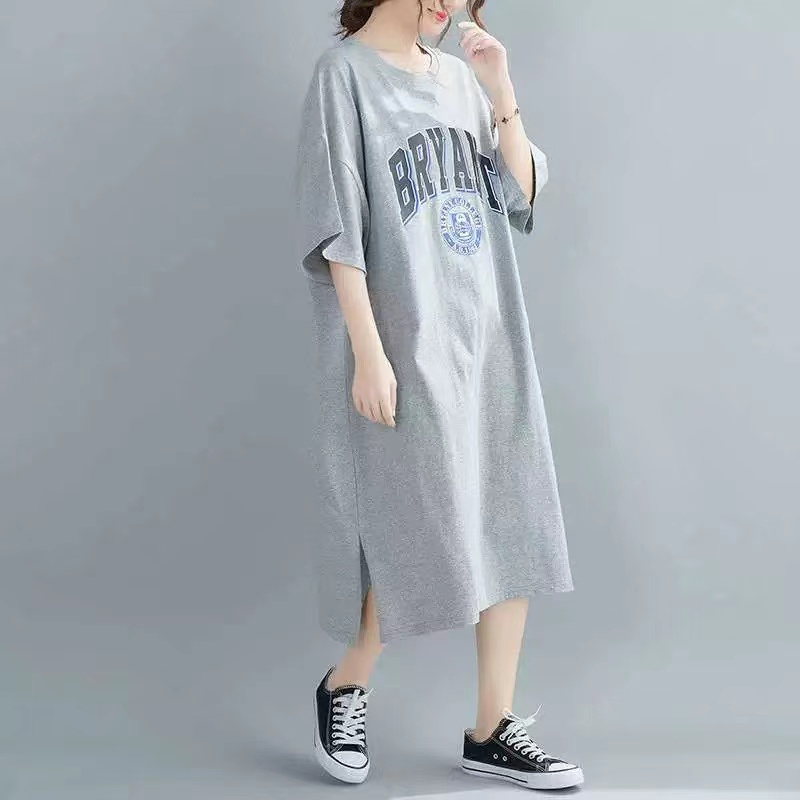 仿棉牛奶絲# 夏季設計感開叉T恤連衣裙女韓系寬鬆短袖裙子