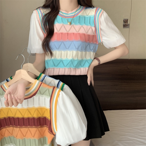 Real shot of Dopamine outfit striped splicing knitted short-sleeved women's fake two-piece T-shirt high-waisted short top trendy