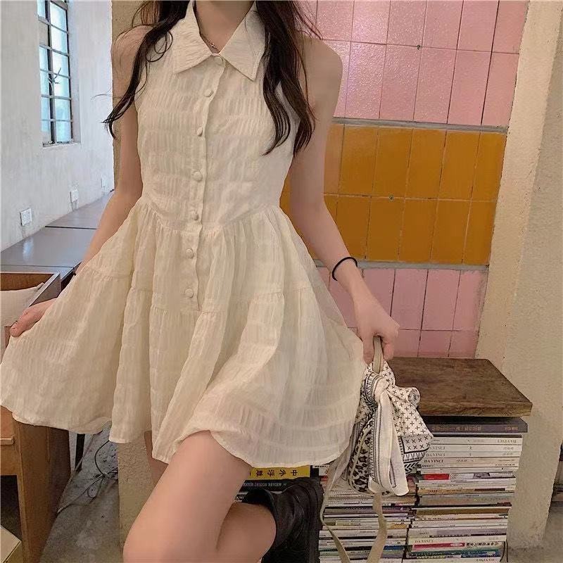 純欲掛脖露背連衣裙女夏裝2024年夏季學生顯瘦收腰小個子短裙子潮