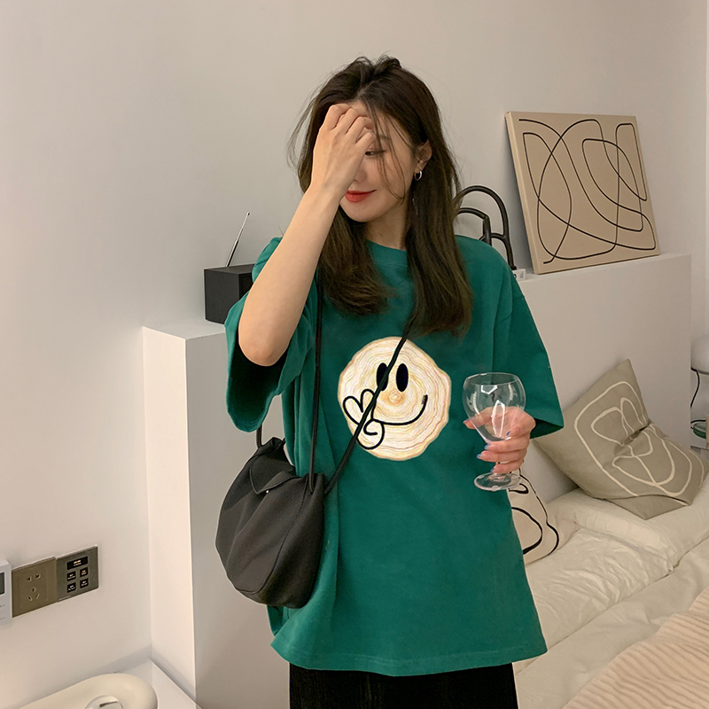 實拍  復古綠色正肩笑臉短袖t恤女夏季寬鬆百搭上衣